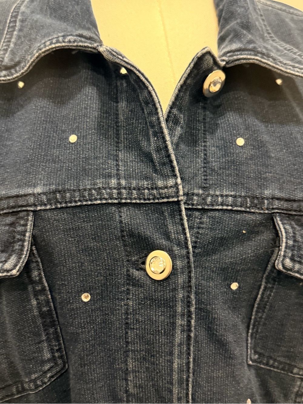 Dark Blue Rhinestone Embellished Stretch Denim Jacket - Women - Picture 5 of 8